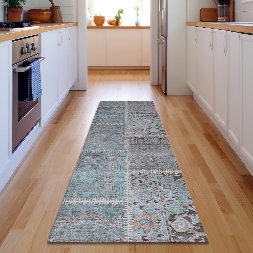 Premium Machine Washable Mayfield  Teal 2'3" x 7'6" Runner Rug. Picture 5