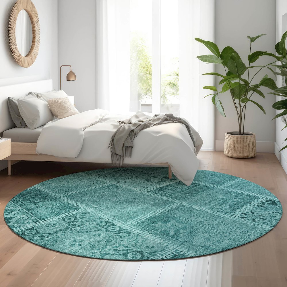 Premium Machine Washable Mayfield  Turquoise 8' x 8' Round Rug. Picture 5