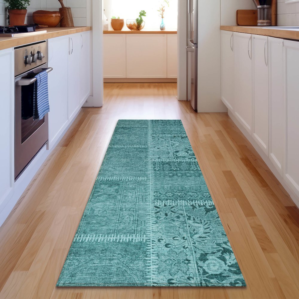 Premium Machine Washable Mayfield  Turquoise 2'3" x 7'6" Runner Rug. Picture 5