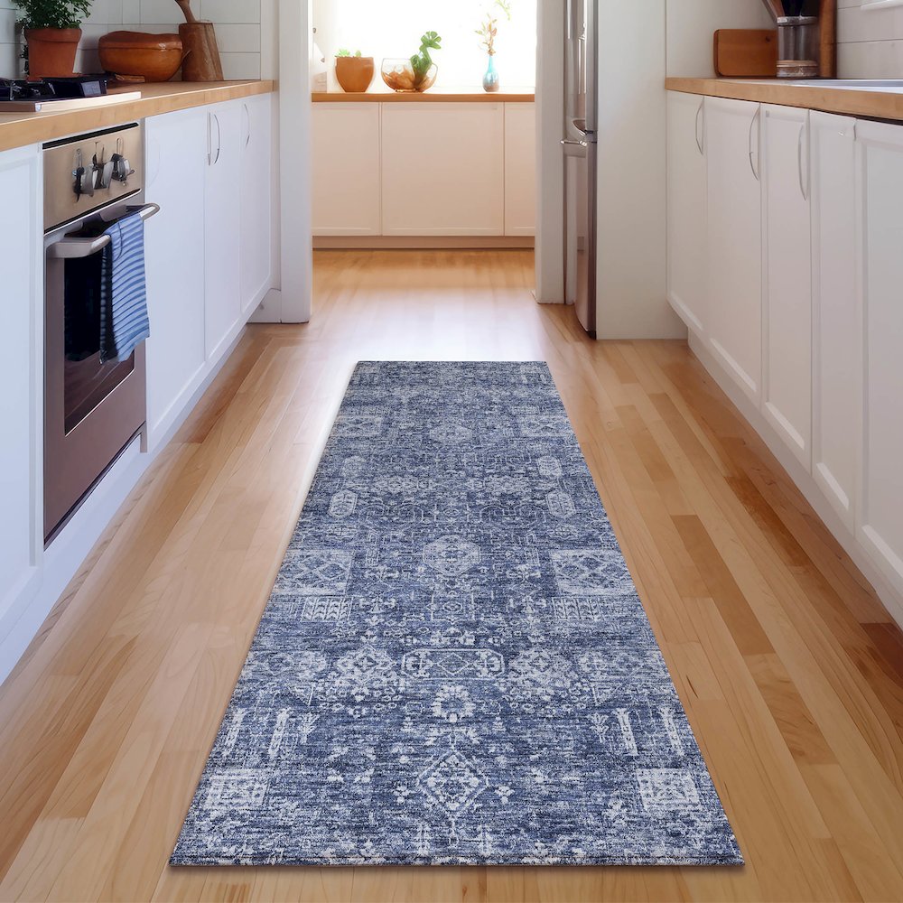 Premium Machine Washable Mayfield  Navy 2'3" x 7'6" Runner Rug. Picture 5
