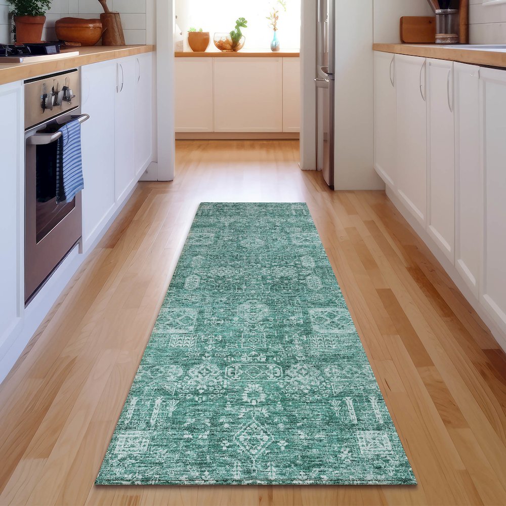 Premium Machine Washable Mayfield  Teal 2'3" x 7'6" Runner Rug. Picture 5