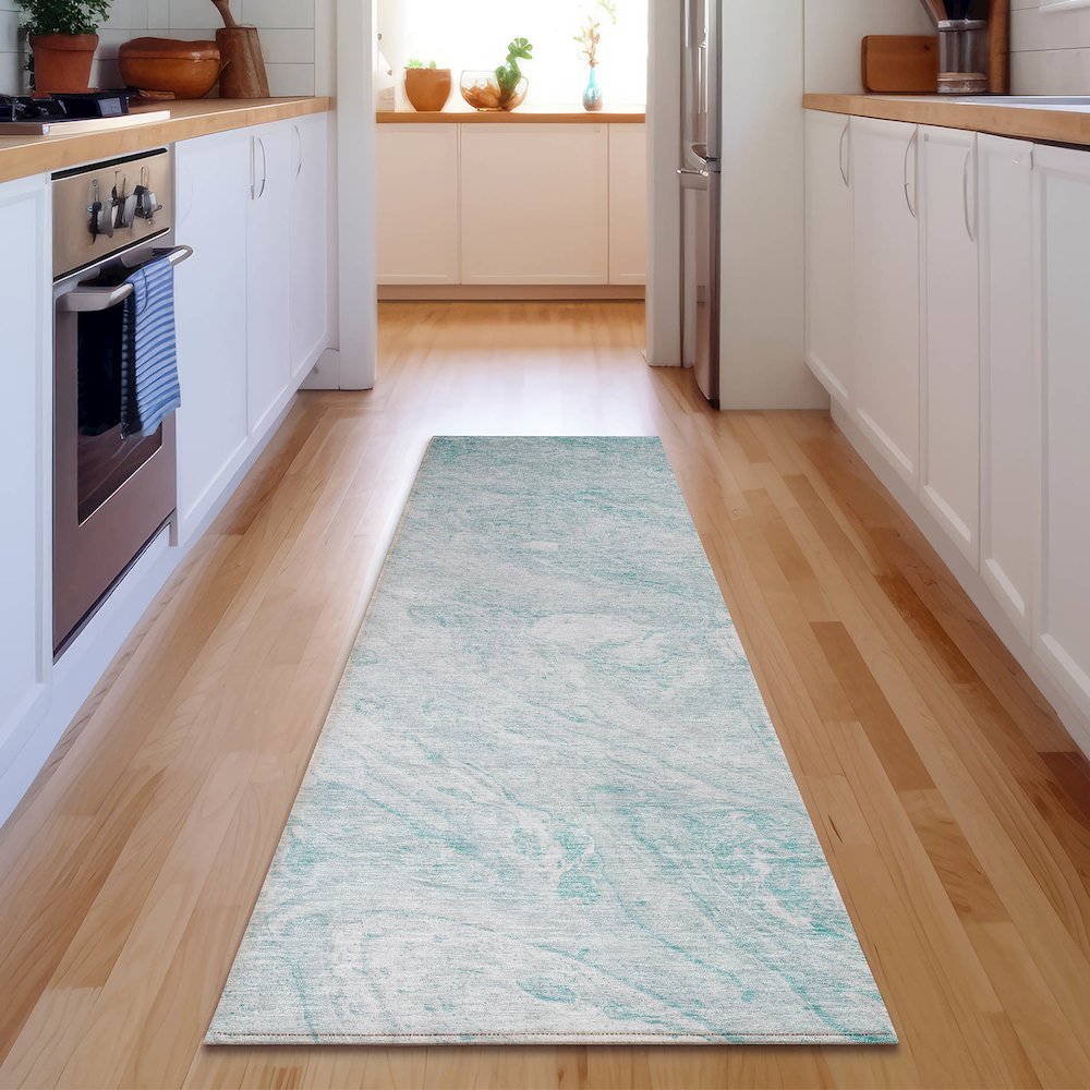 Premium Machine Washable Mayfield  Teal 2'3" x 7'6" Runner Rug. Picture 5