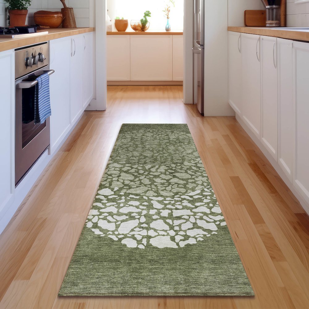 Premium Machine Washable Mayfield  Olive 2'3" x 7'6" Runner Rug. Picture 5