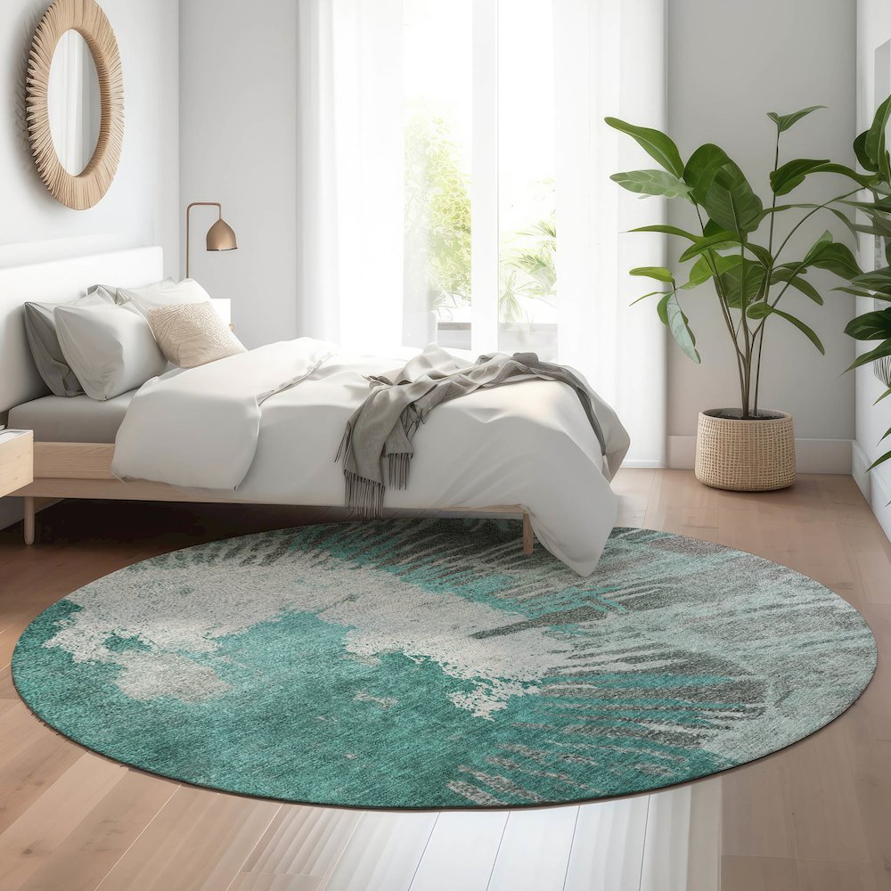 Premium Machine Washable Mayfield  Teal 8' x 8' Round Rug. Picture 5