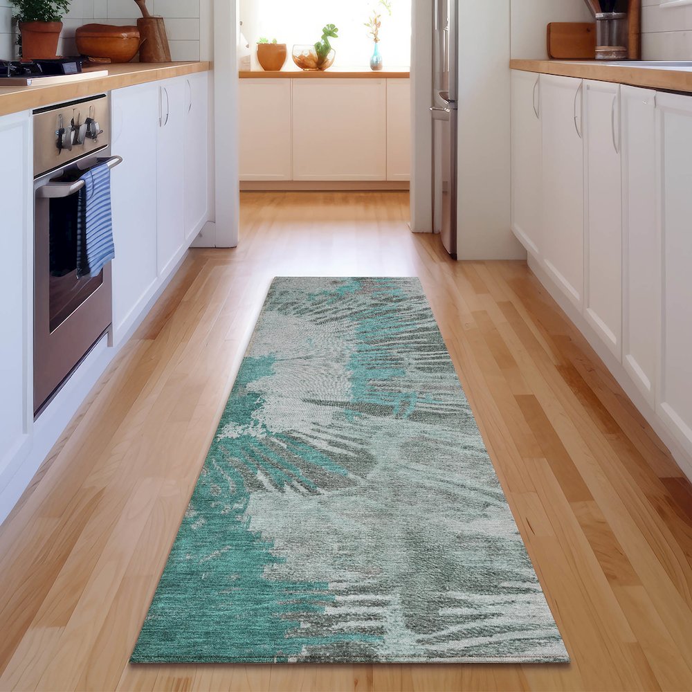 Premium Machine Washable Mayfield  Teal 2'3" x 7'6" Runner Rug. Picture 5