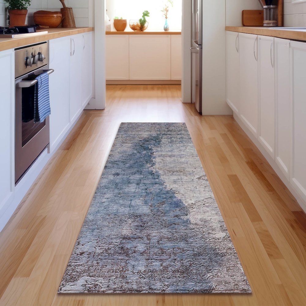 Premium Machine Washable Mayfield  Blue 2'3" x 7'6" Runner Rug. Picture 5