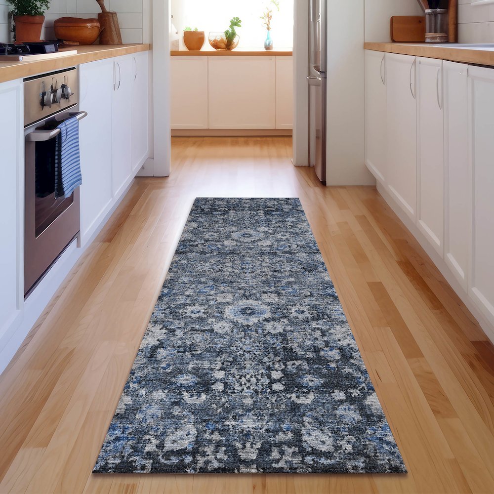 Premium Machine Washable Mayfield  Blue 2'3" x 7'6" Runner Rug. Picture 5