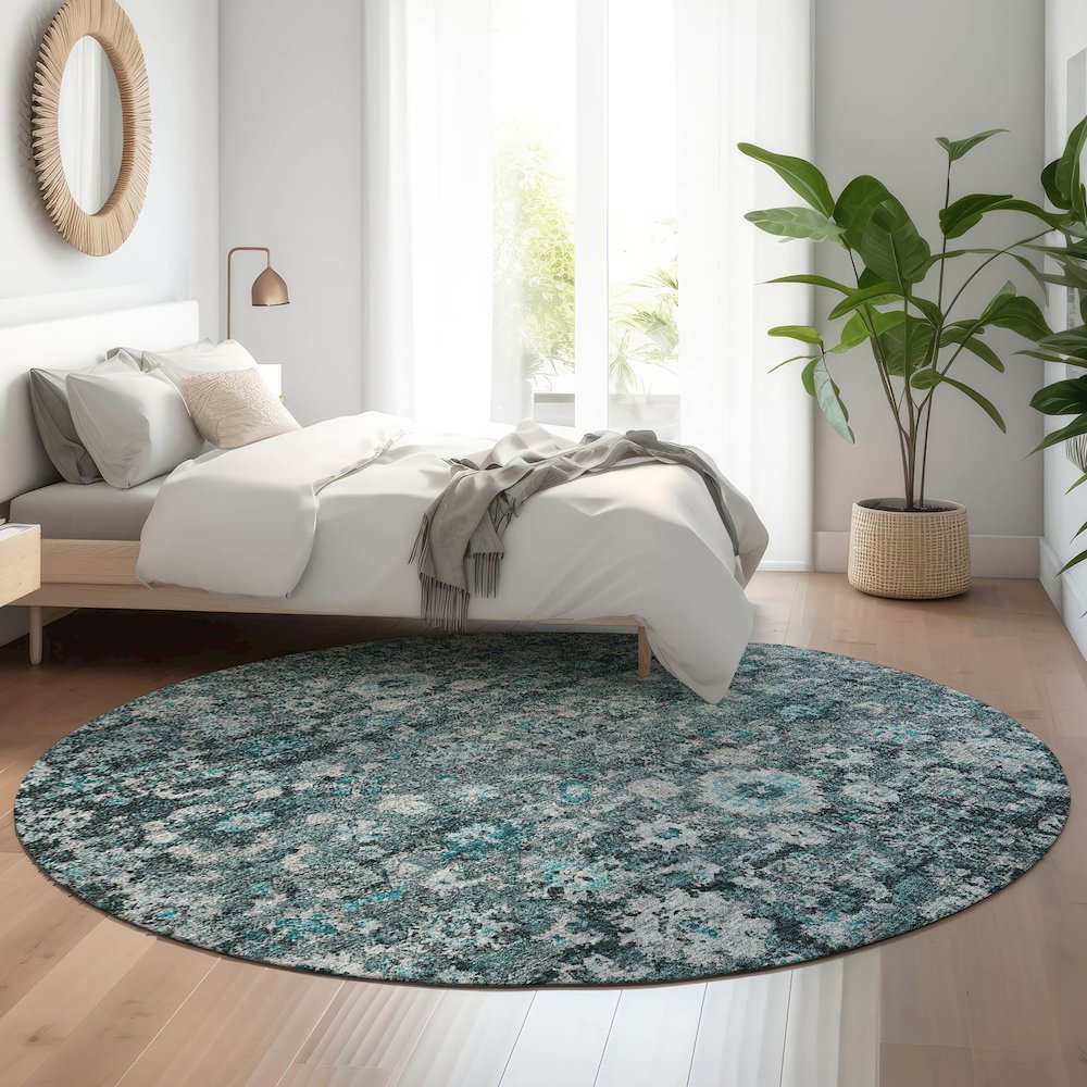 Premium Machine Washable Mayfield  Teal 8' x 8' Round Rug. Picture 5