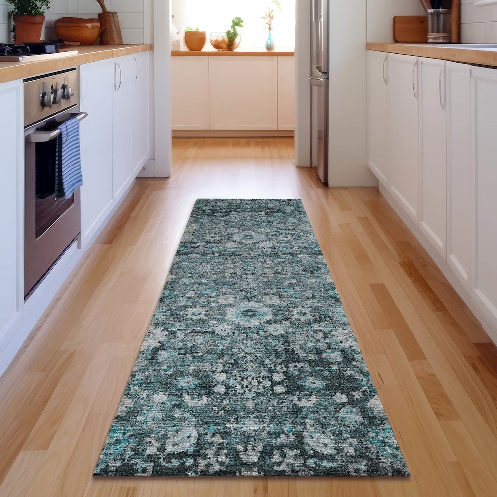 Premium Machine Washable Mayfield  Teal 2'3" x 7'6" Runner Rug. Picture 5