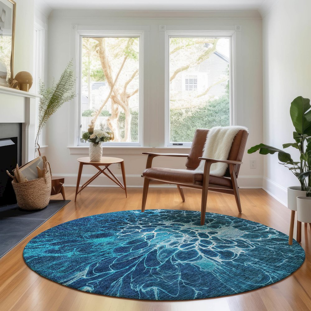 Premium Machine Washable Mayfield AMF652 Navy 8' x 8' Round Rug. Picture 5