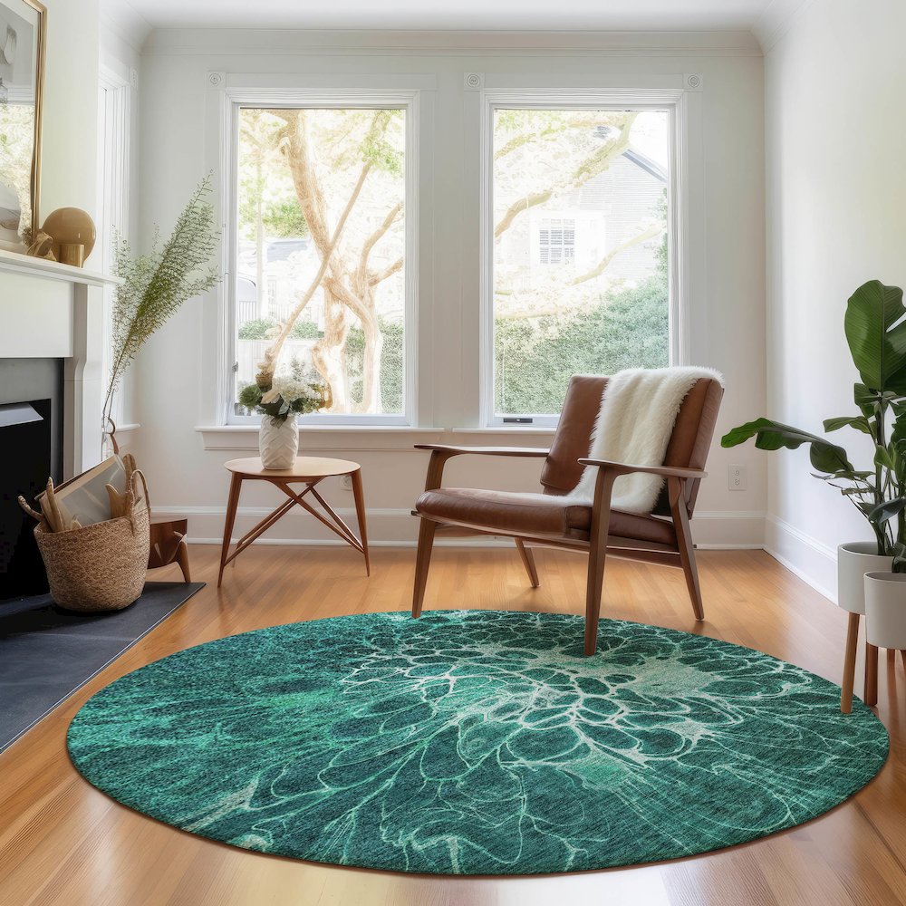 Premium Machine Washable Mayfield AMF652 Teal 8' x 8' Round Rug. Picture 5