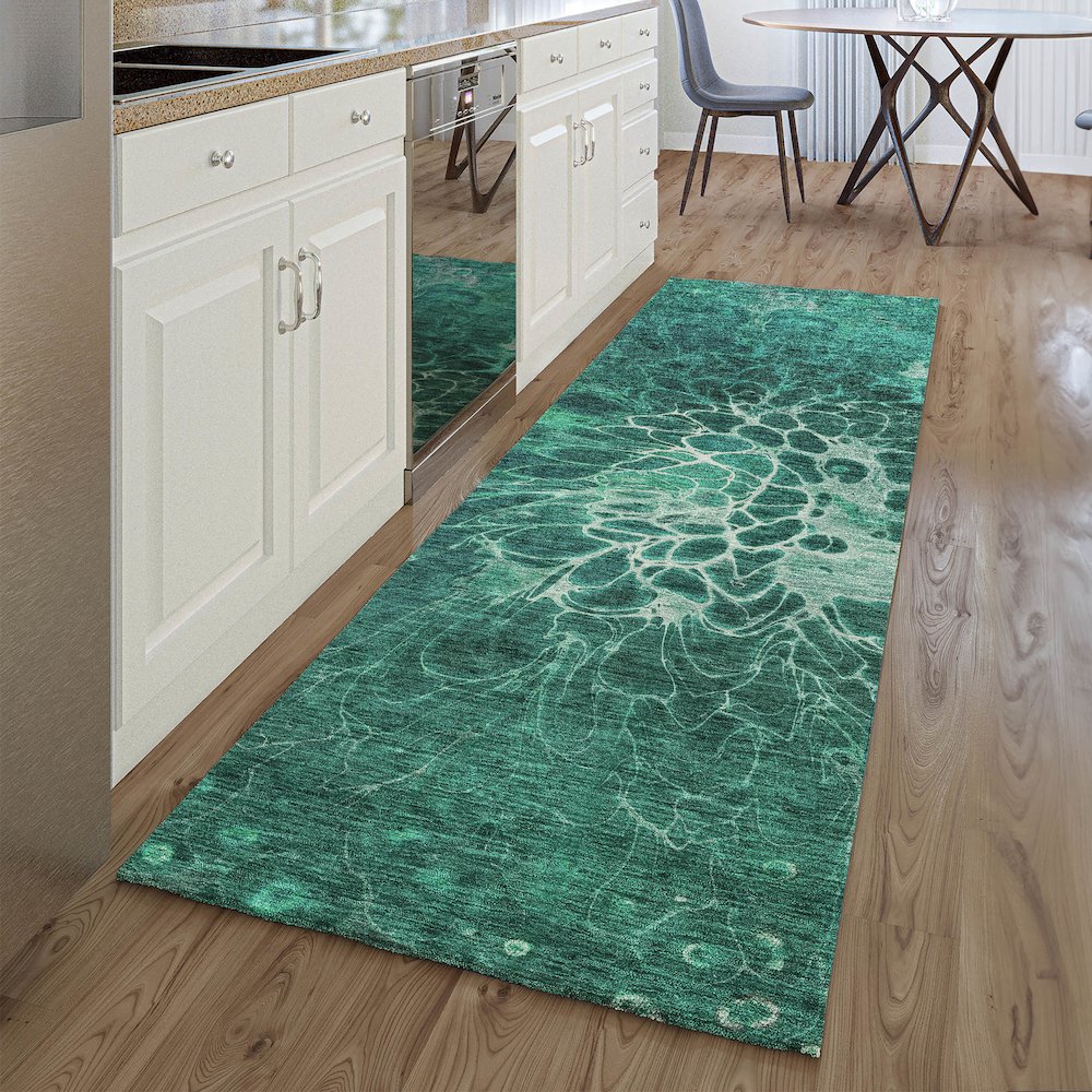 Premium Machine Washable Mayfield AMF652 Teal 2'3" x 7'6" Runner Rug. Picture 5