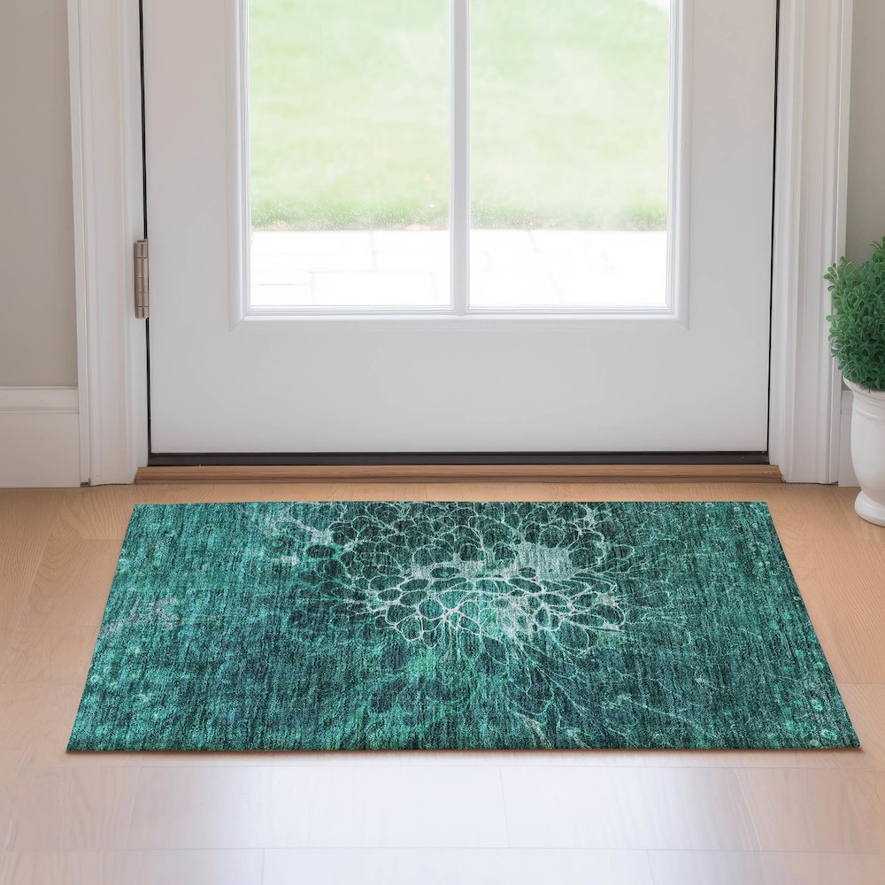 Premium Machine Washable Mayfield AMF652 Teal 1'8" x 2'6" Rug. Picture 5