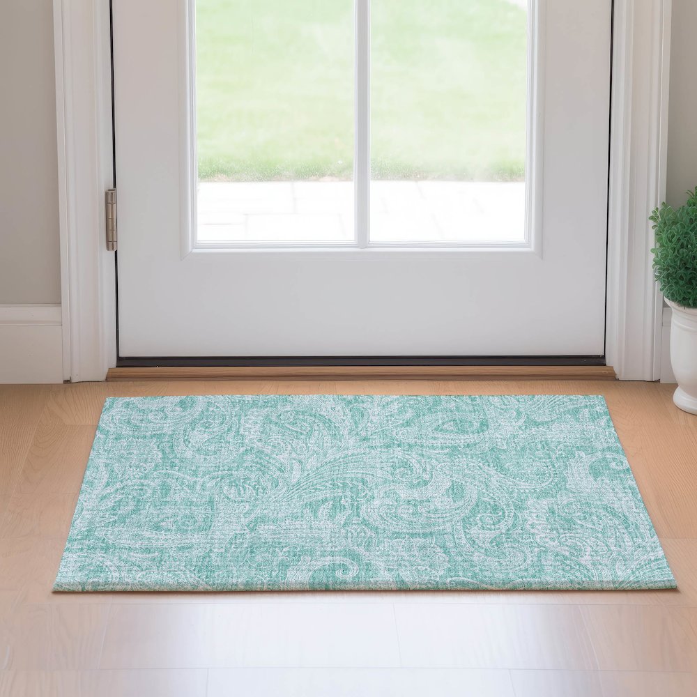 Premium Machine Washable Mayfield AMF654 Teal 1'8" x 2'6" Rug. Picture 5