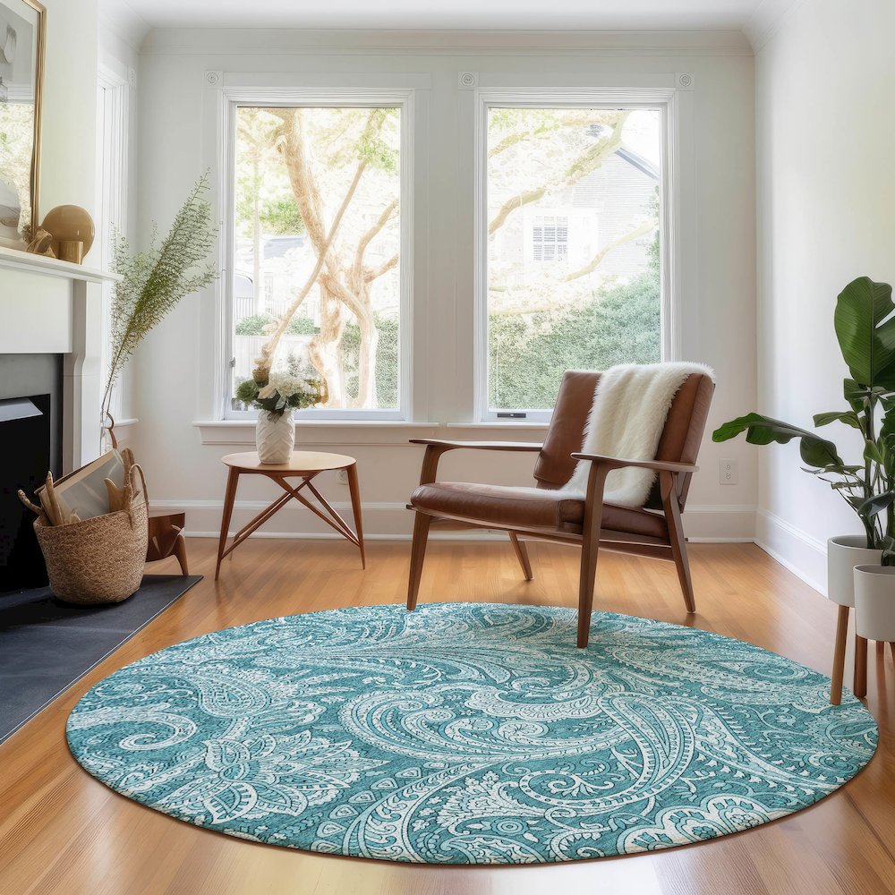 Premium Machine Washable Mayfield AMF654 Turquoise 8' x 8' Round Rug. Picture 5