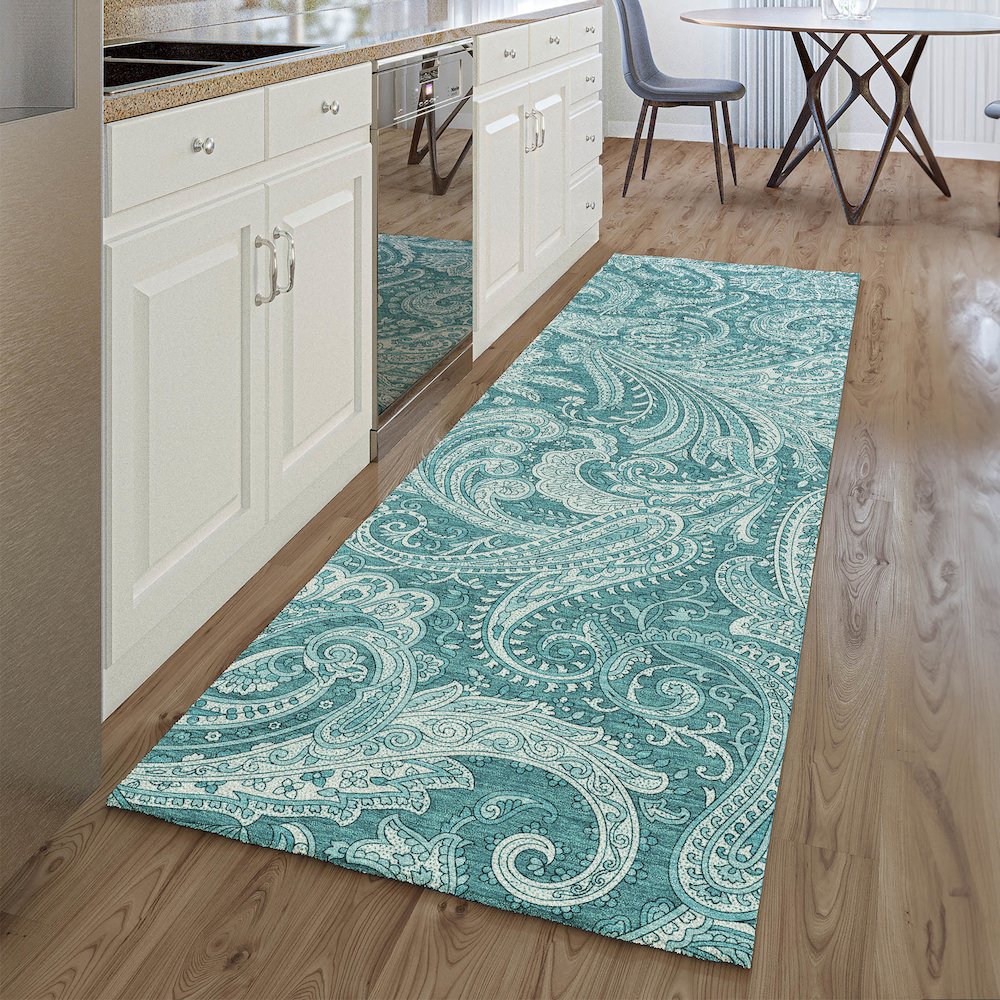 Premium Machine Washable Mayfield AMF654 Turquoise 2'3" x 7'6" Runner Rug. Picture 5