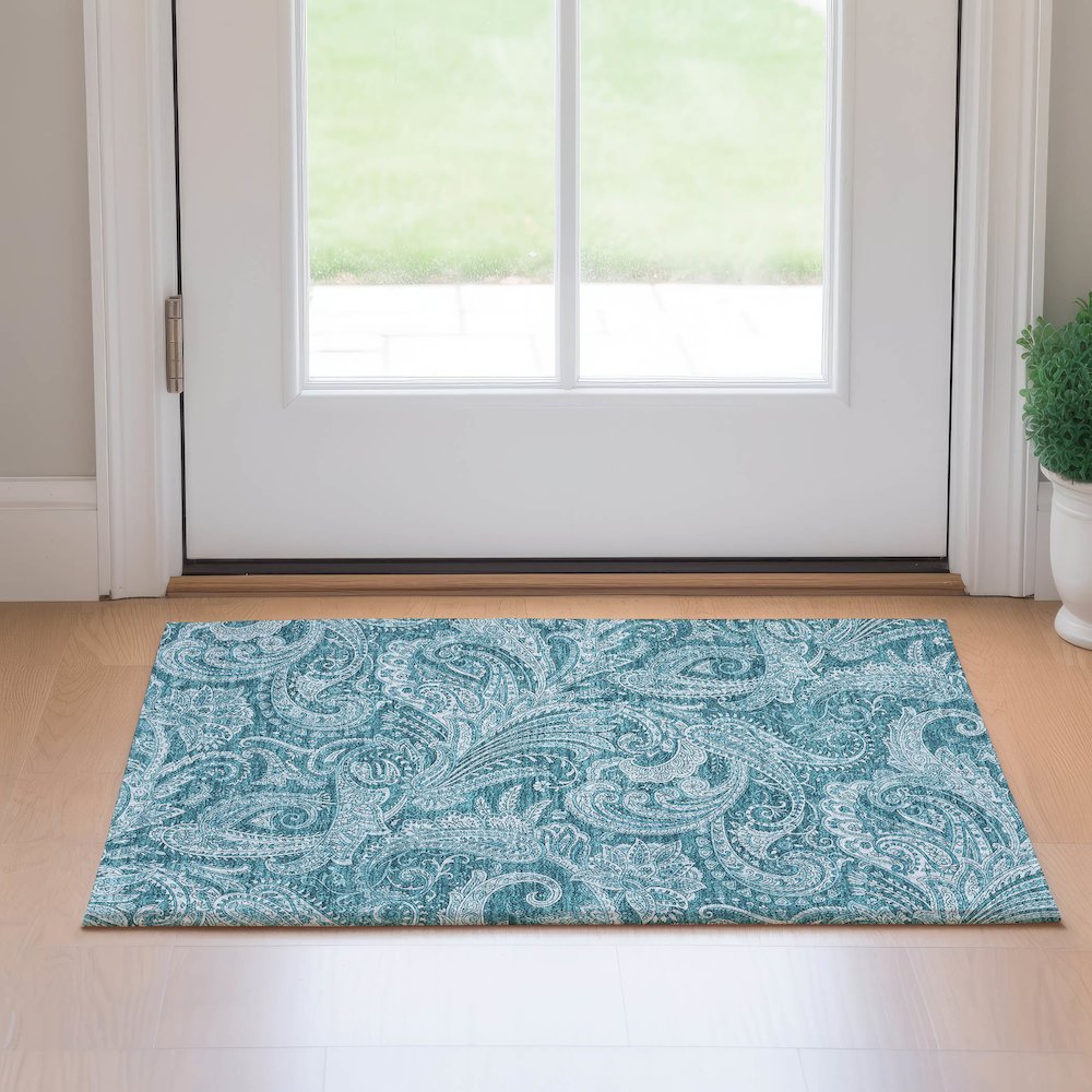 Premium Machine Washable Mayfield AMF654 Turquoise 1'8" x 2'6" Rug. Picture 5