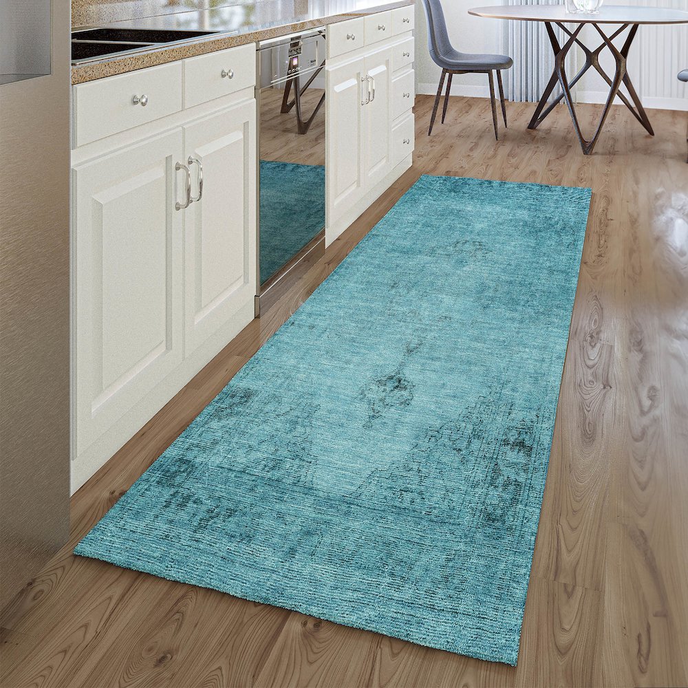 Premium Machine Washable Mayfield AMF658 Blue 2'3" x 7'6" Runner Rug. Picture 5