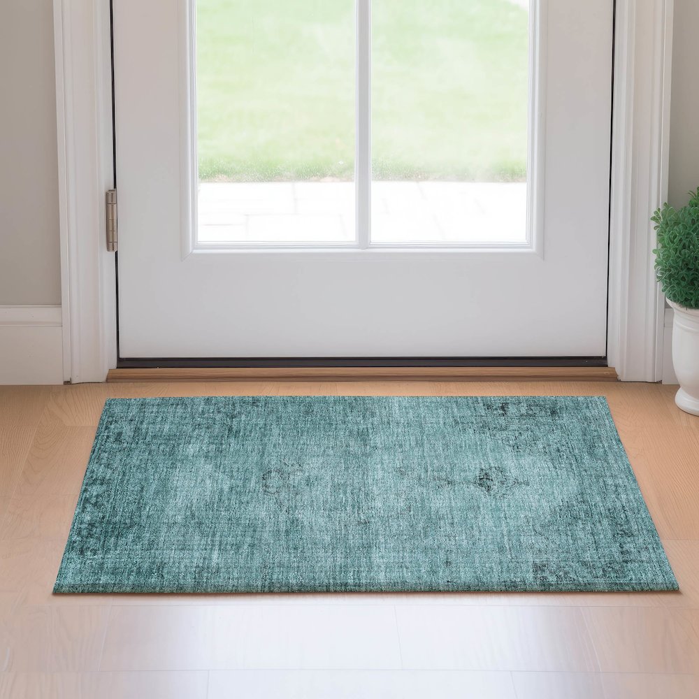 Premium Machine Washable Mayfield AMF658 Teal 1'8" x 2'6" Rug. Picture 5