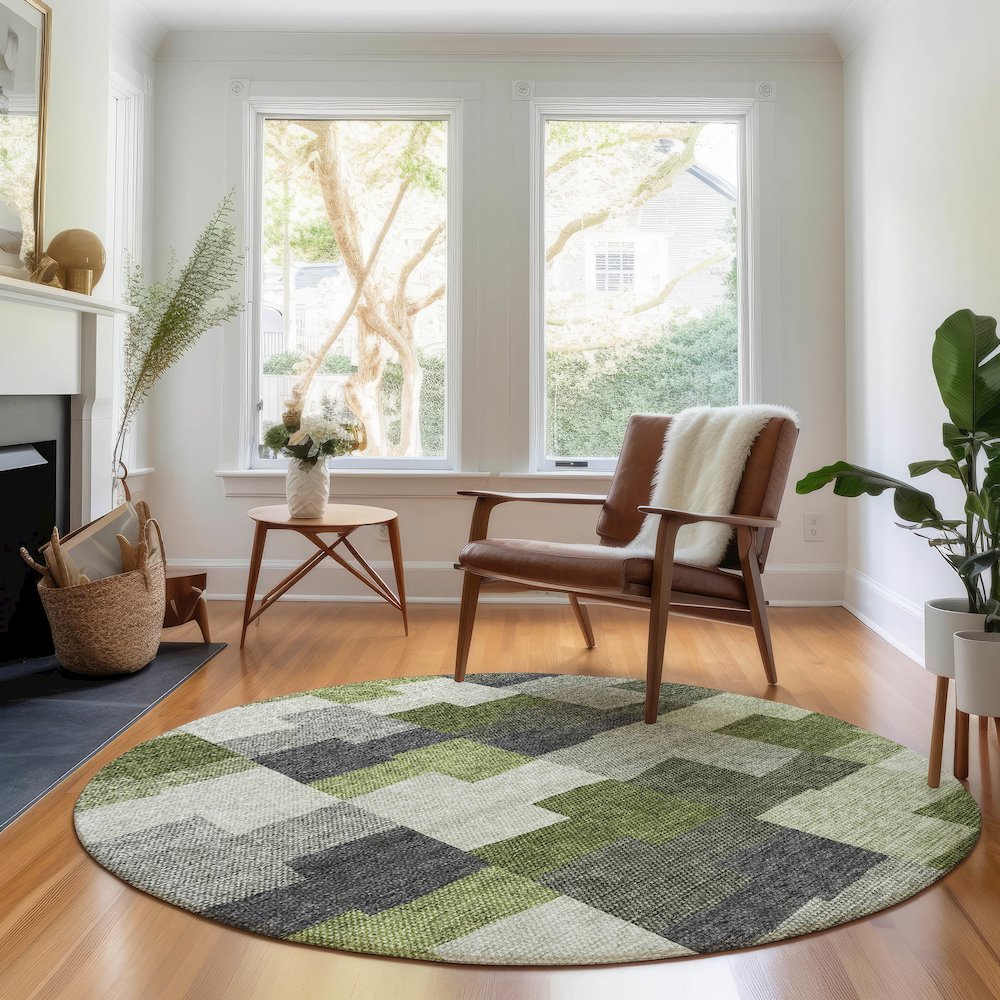 Premium Machine Washable Mayfield AMF659 Olive 8' x 8' Round Rug. Picture 5