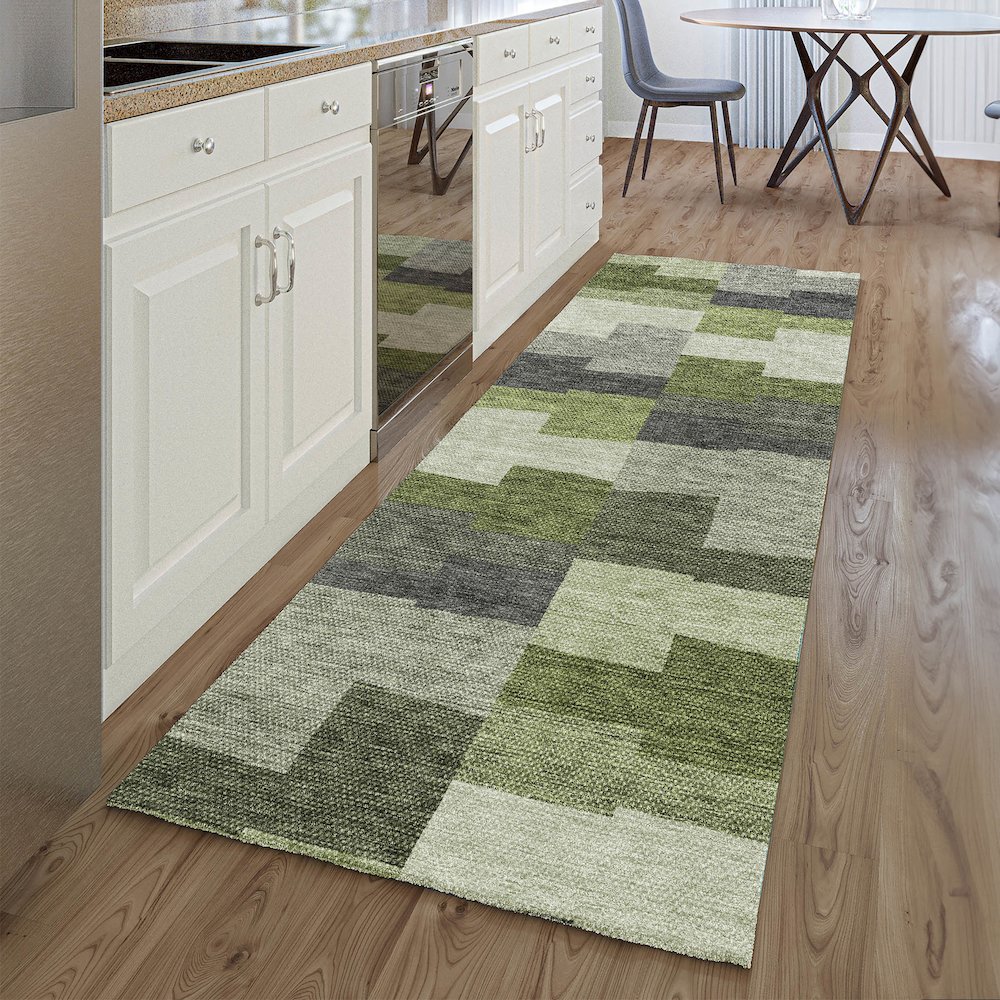 Premium Machine Washable Mayfield AMF659 Olive 2'3" x 7'6" Runner Rug. Picture 5