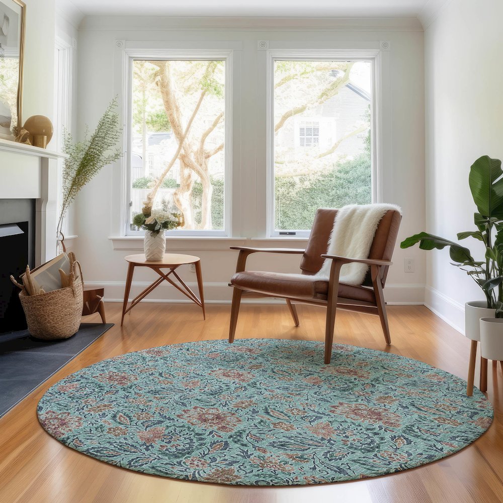 Premium Machine Washable Mayfield AMF660 Teal 8' x 8' Round Rug. Picture 5