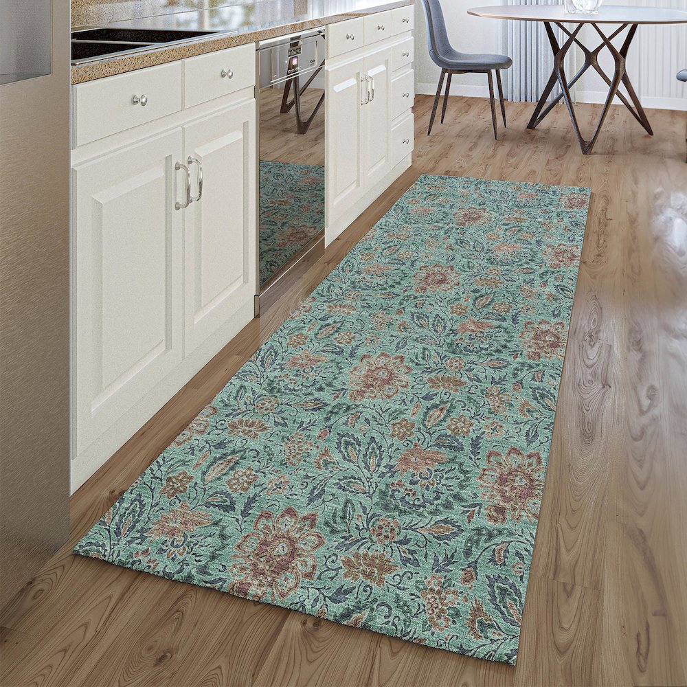 Premium Machine Washable Mayfield AMF660 Teal 2'3" x 7'6" Runner Rug. Picture 5