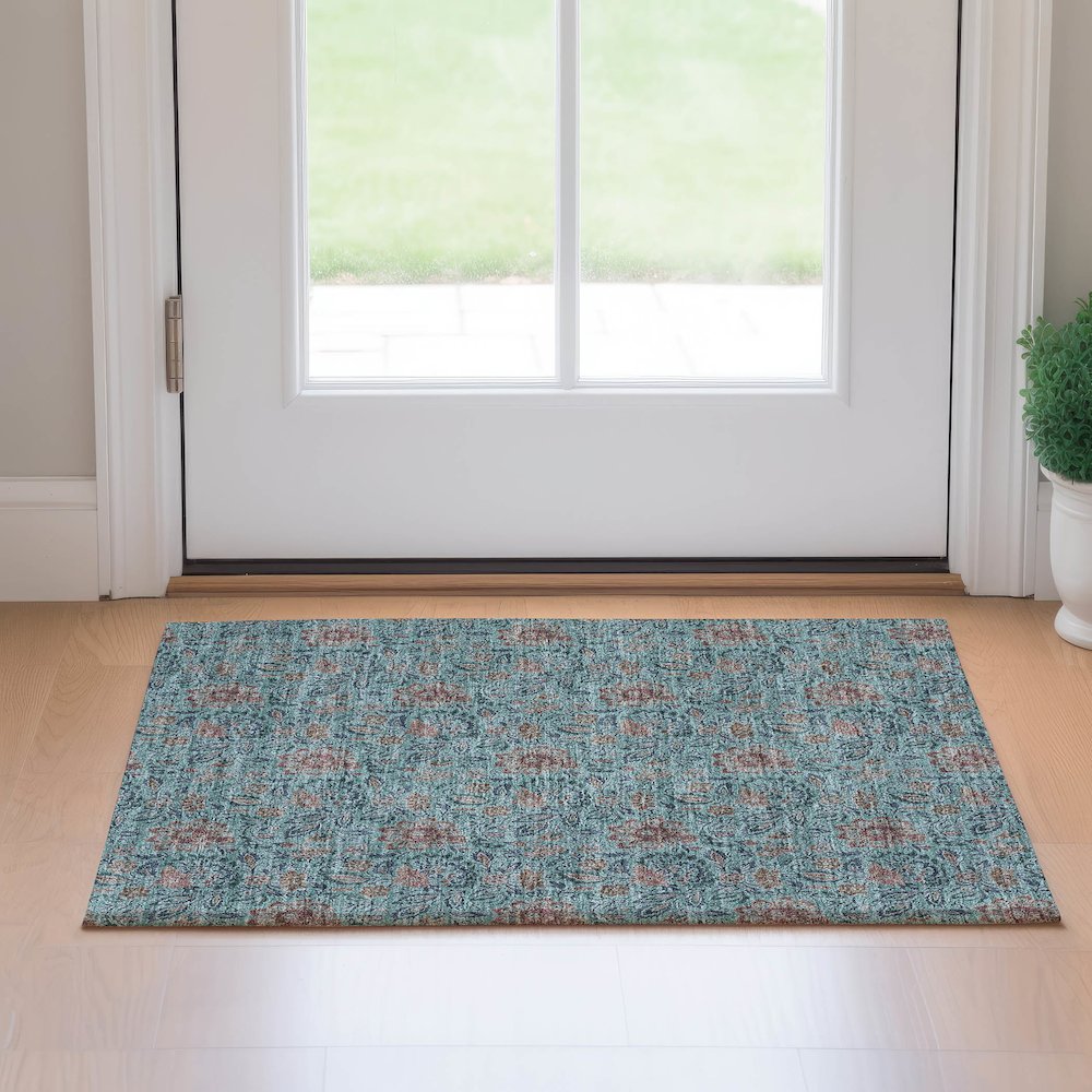 Premium Machine Washable Mayfield AMF660 Teal 1'8" x 2'6" Rug. Picture 5