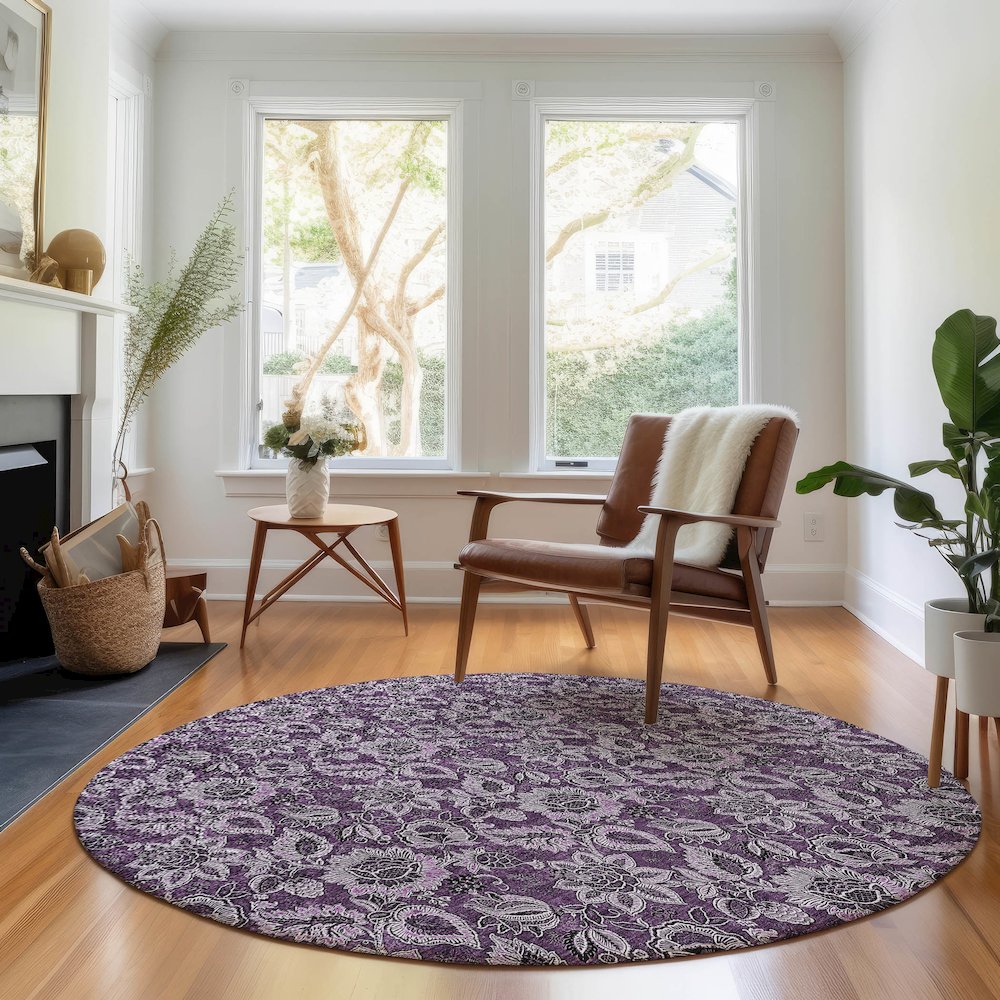 Premium Machine Washable Mayfield AMF661 Eggplant 8' x 8' Round Rug. Picture 5