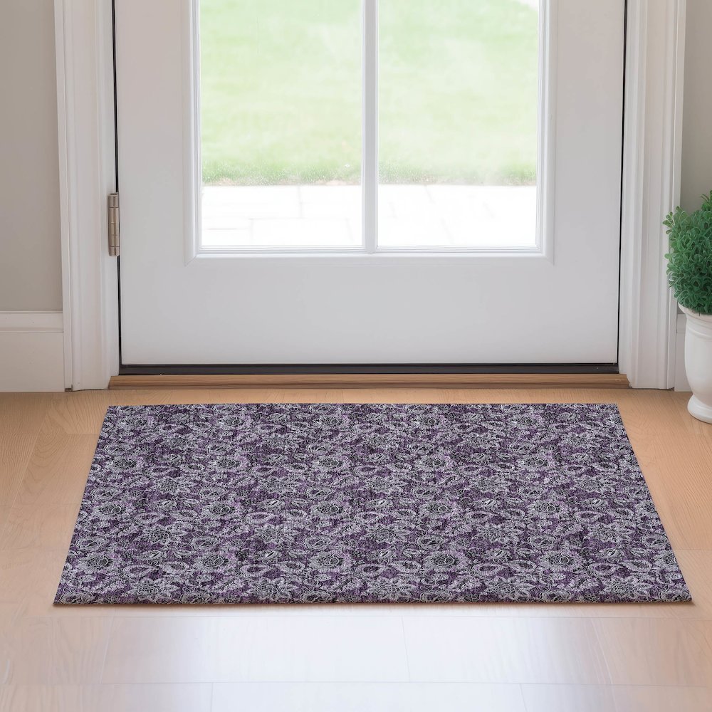 Premium Machine Washable Mayfield AMF661 Eggplant 1'8" x 2'6" Rug. Picture 5