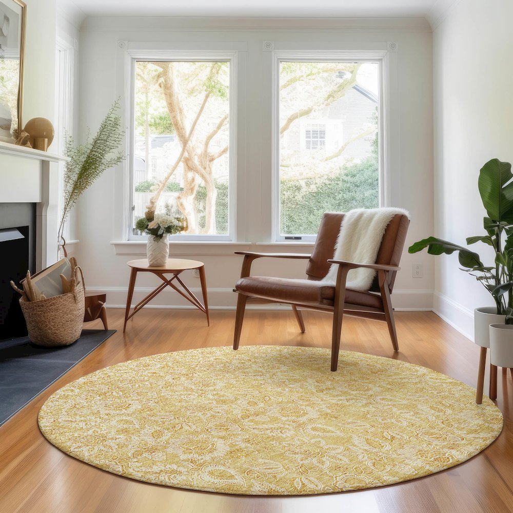 Premium Machine Washable Mayfield AMF661 Gold 8' x 8' Round Rug. Picture 5