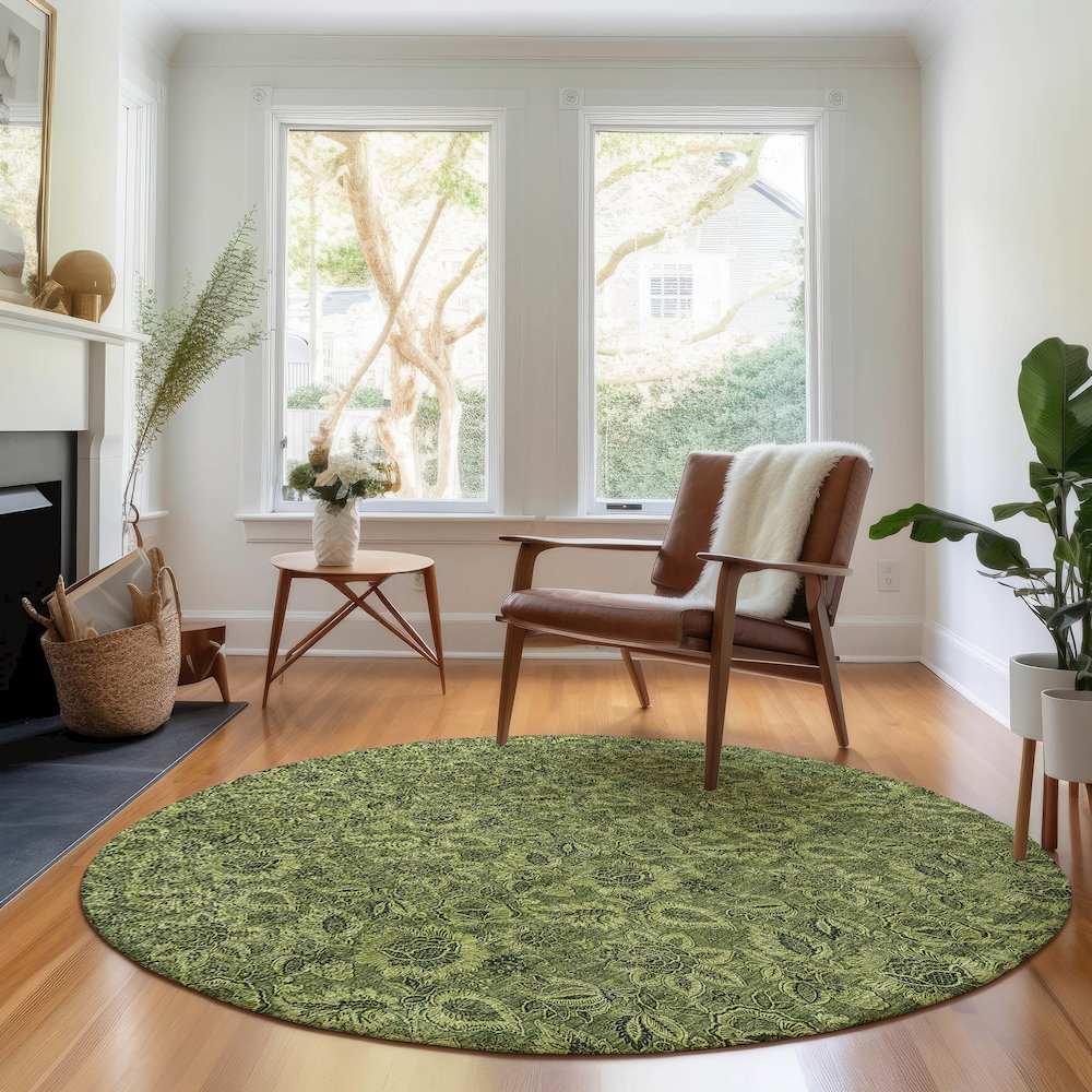 Premium Machine Washable Mayfield AMF661 Olive 8' x 8' Round Rug. Picture 5