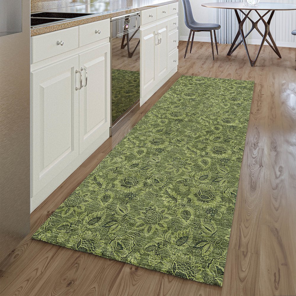Premium Machine Washable Mayfield AMF661 Olive 2'3" x 7'6" Runner Rug. Picture 5