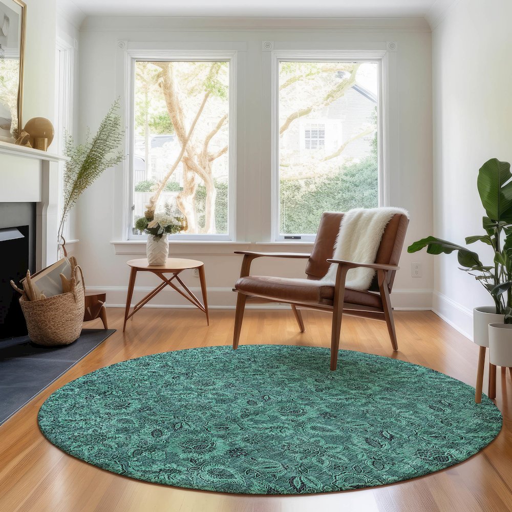 Premium Machine Washable Mayfield AMF661 Teal 8' x 8' Round Rug. Picture 5