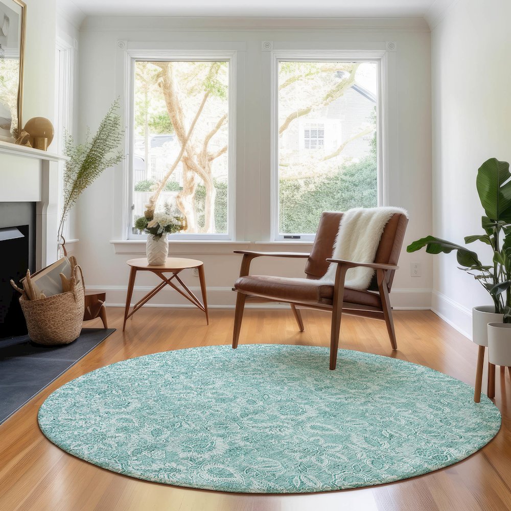 Premium Machine Washable Mayfield AMF662 Teal 8' x 8' Round Rug. Picture 5