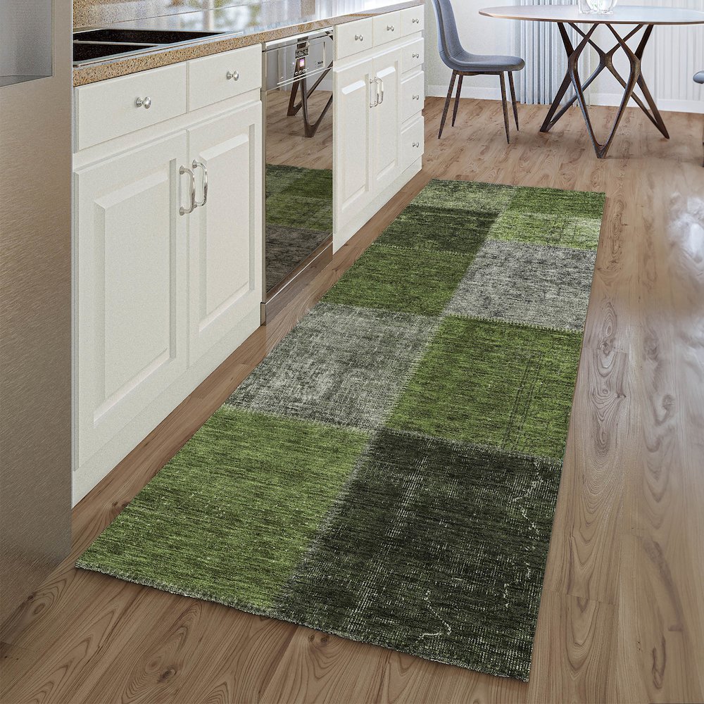 Premium Machine Washable Mayfield AMF663 Olive 2'3" x 7'6" Runner Rug. Picture 5
