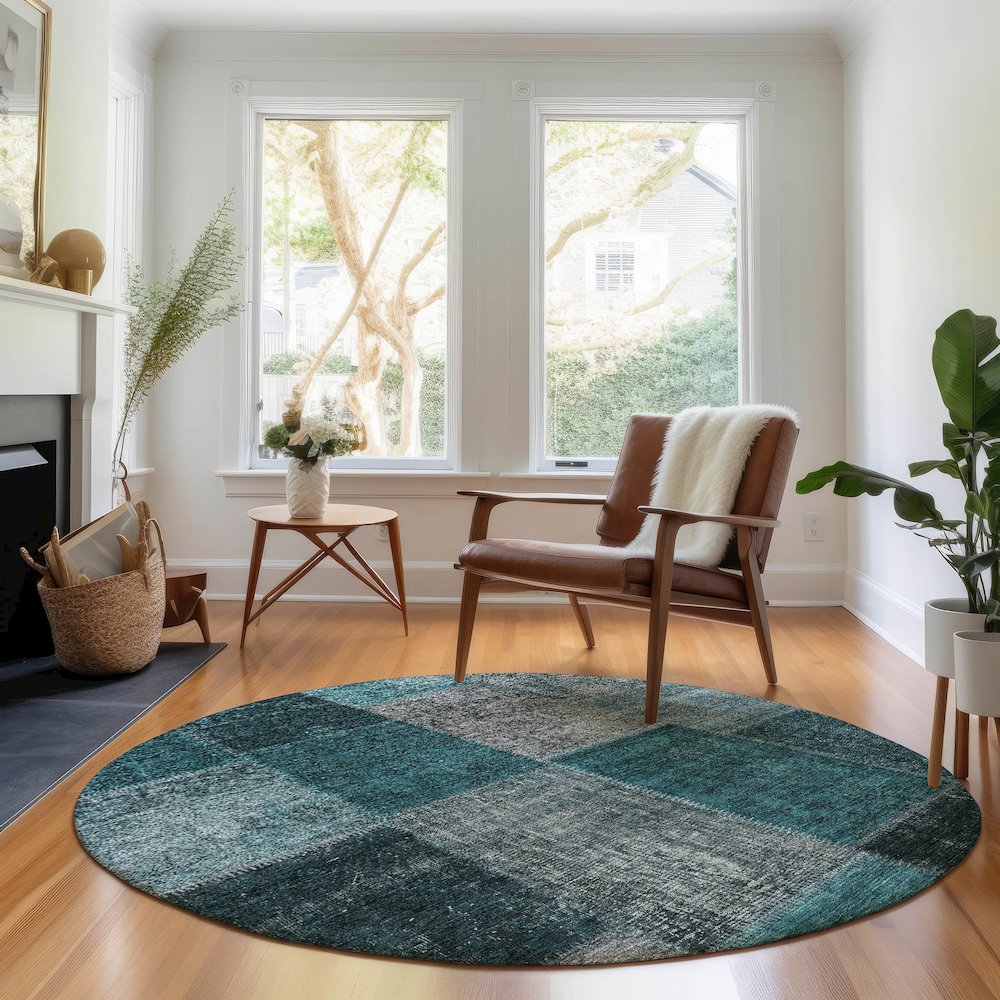 Premium Machine Washable Mayfield AMF663 Teal 8' x 8' Round Rug. Picture 5