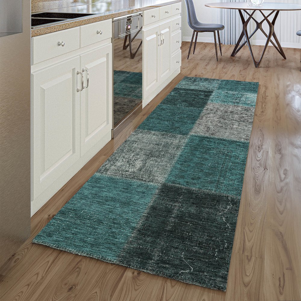 Premium Machine Washable Mayfield AMF663 Teal 2'3" x 7'6" Runner Rug. Picture 5
