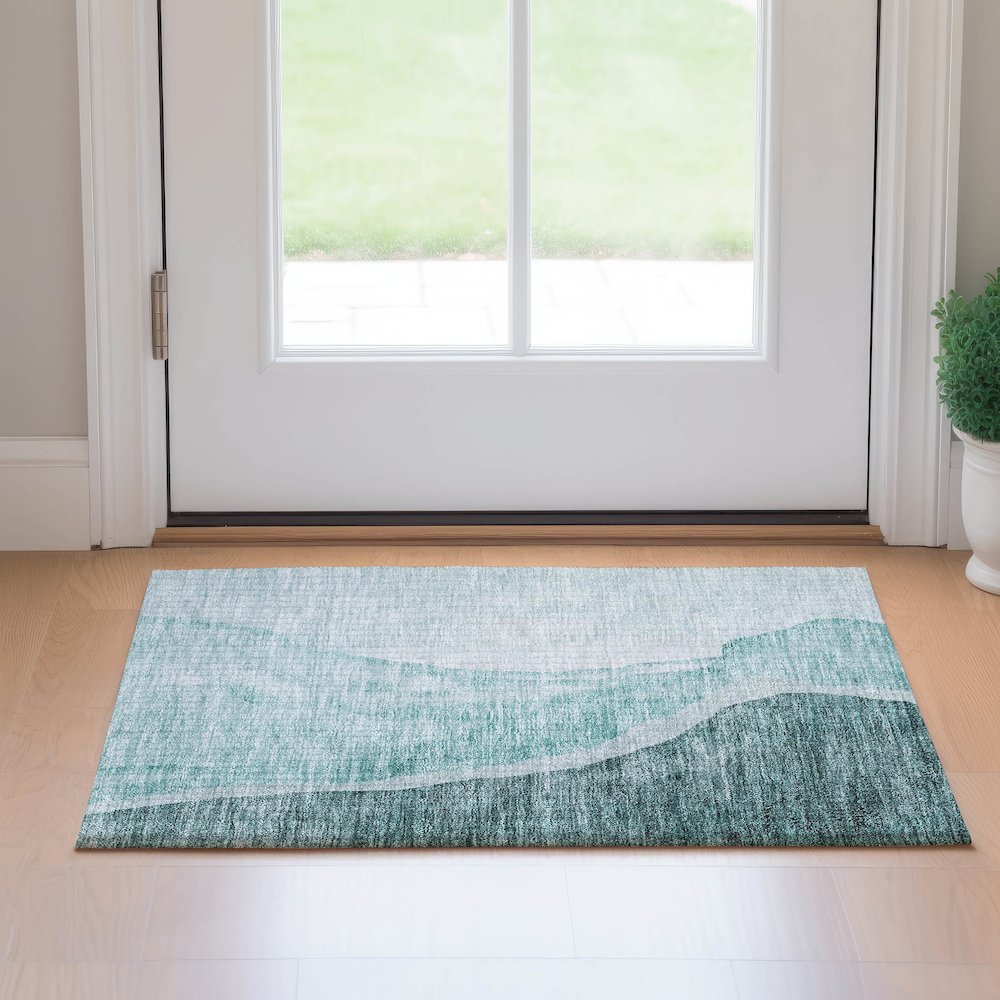 Premium Machine Washable Mayfield AMF667 Teal 1'8" x 2'6" Rug. Picture 5