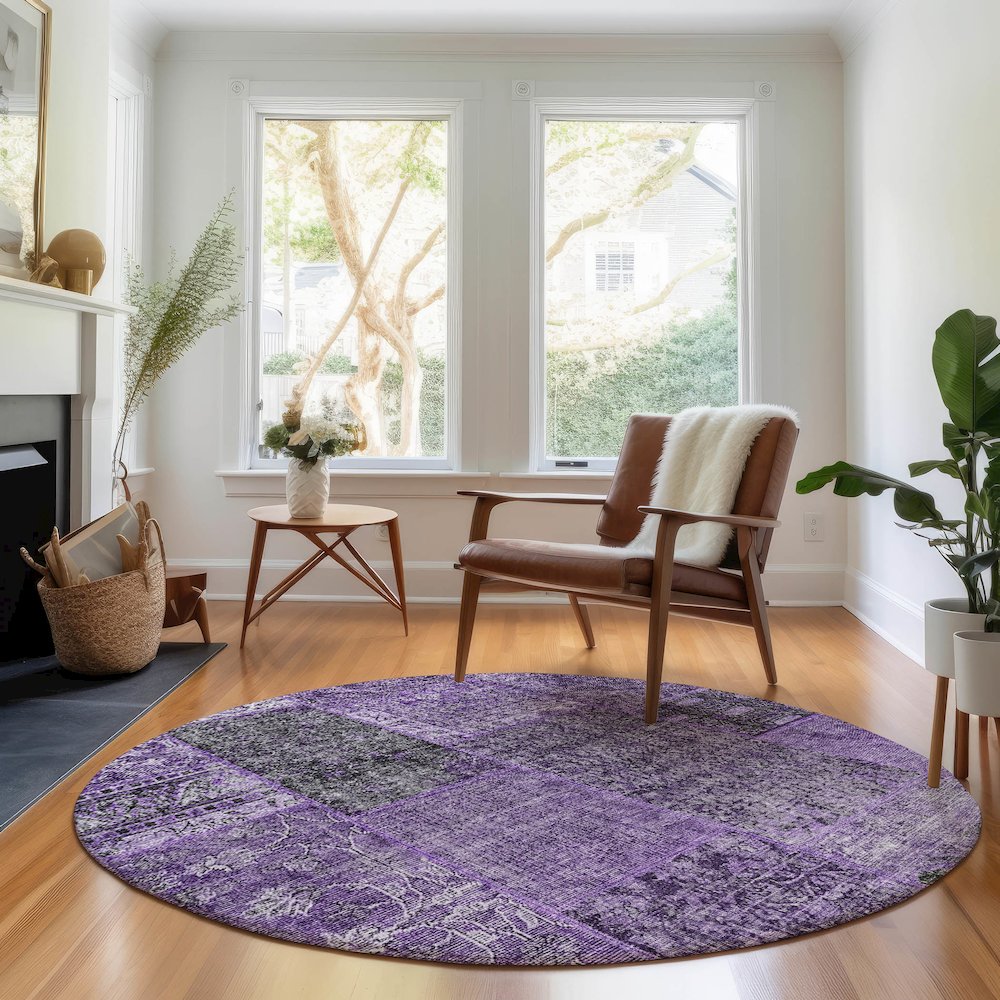 Premium Machine Washable Mayfield AMF669 Eggplant 8' x 8' Round Rug. Picture 5