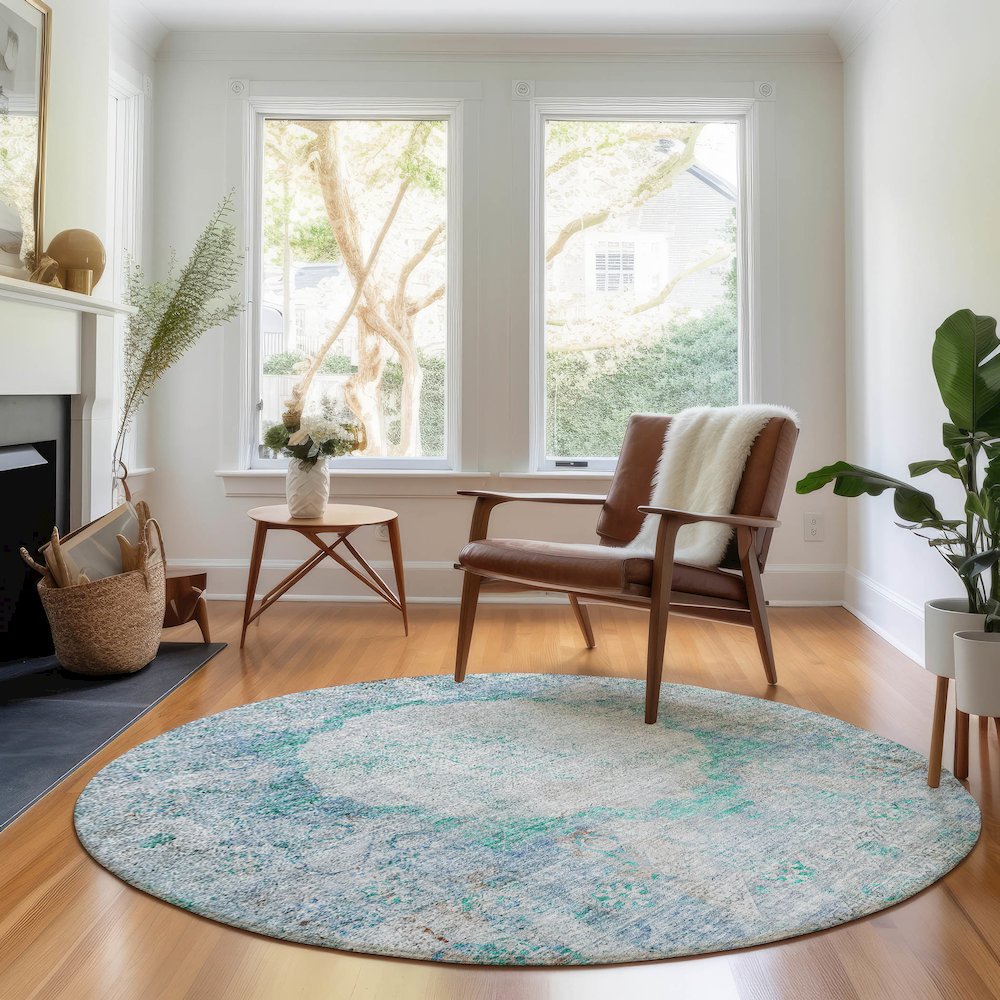 Premium Machine Washable Mayfield AMF675 Teal 8' x 8' Round Rug. Picture 5