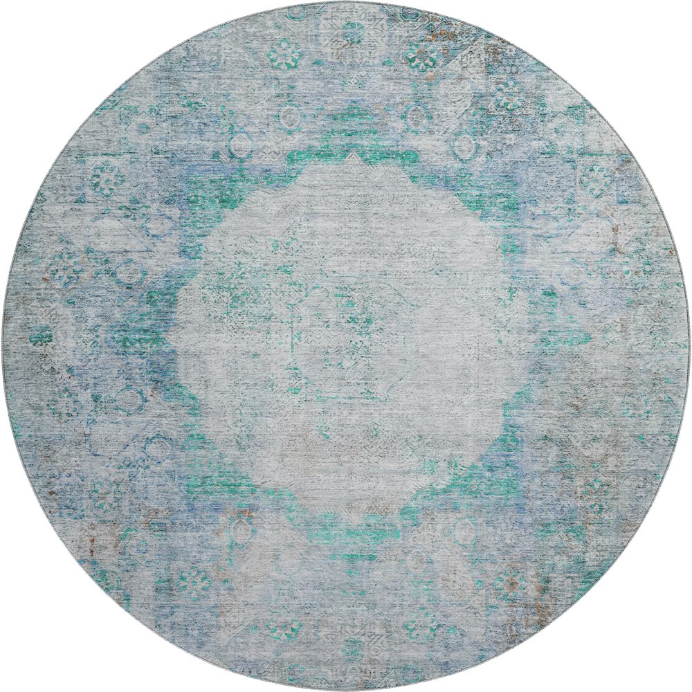 Premium Machine Washable Mayfield AMF675 Teal 8' x 8' Round Rug. Picture 1