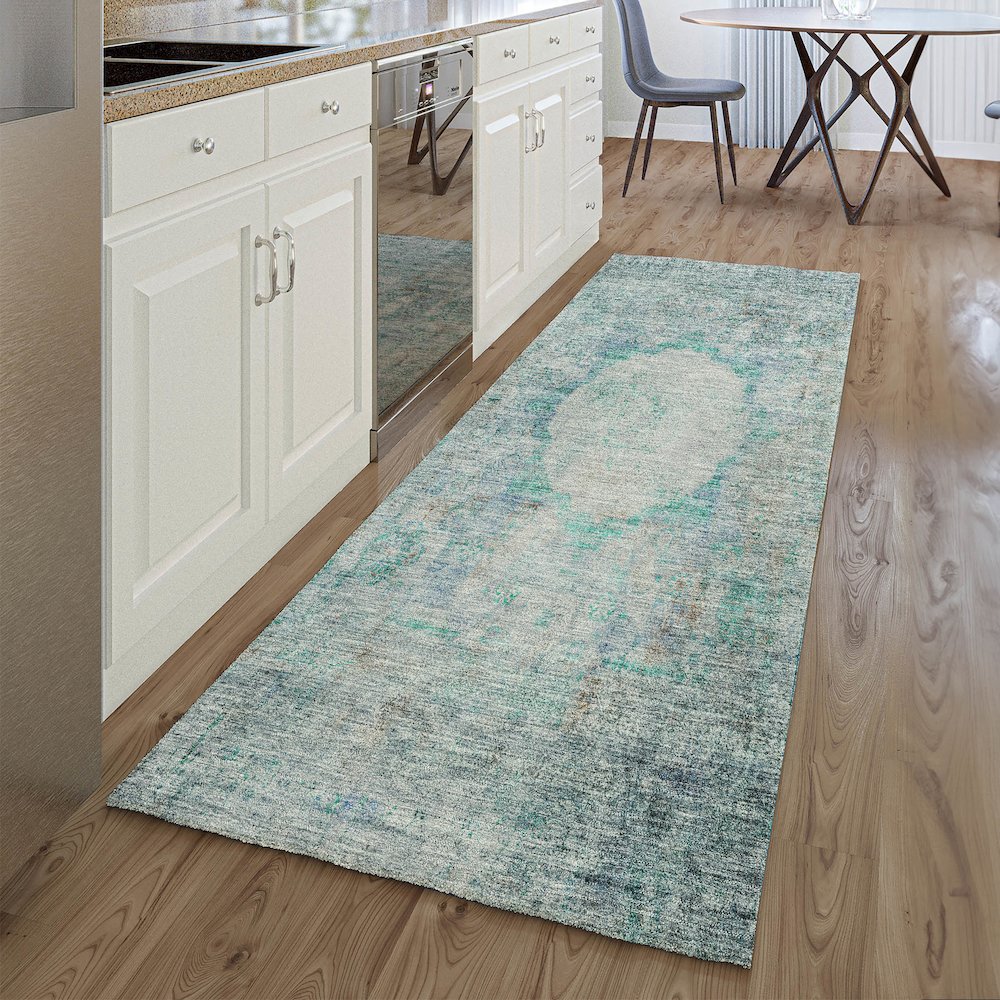 Premium Machine Washable Mayfield AMF675 Teal 2'3" x 7'6" Runner Rug. Picture 5