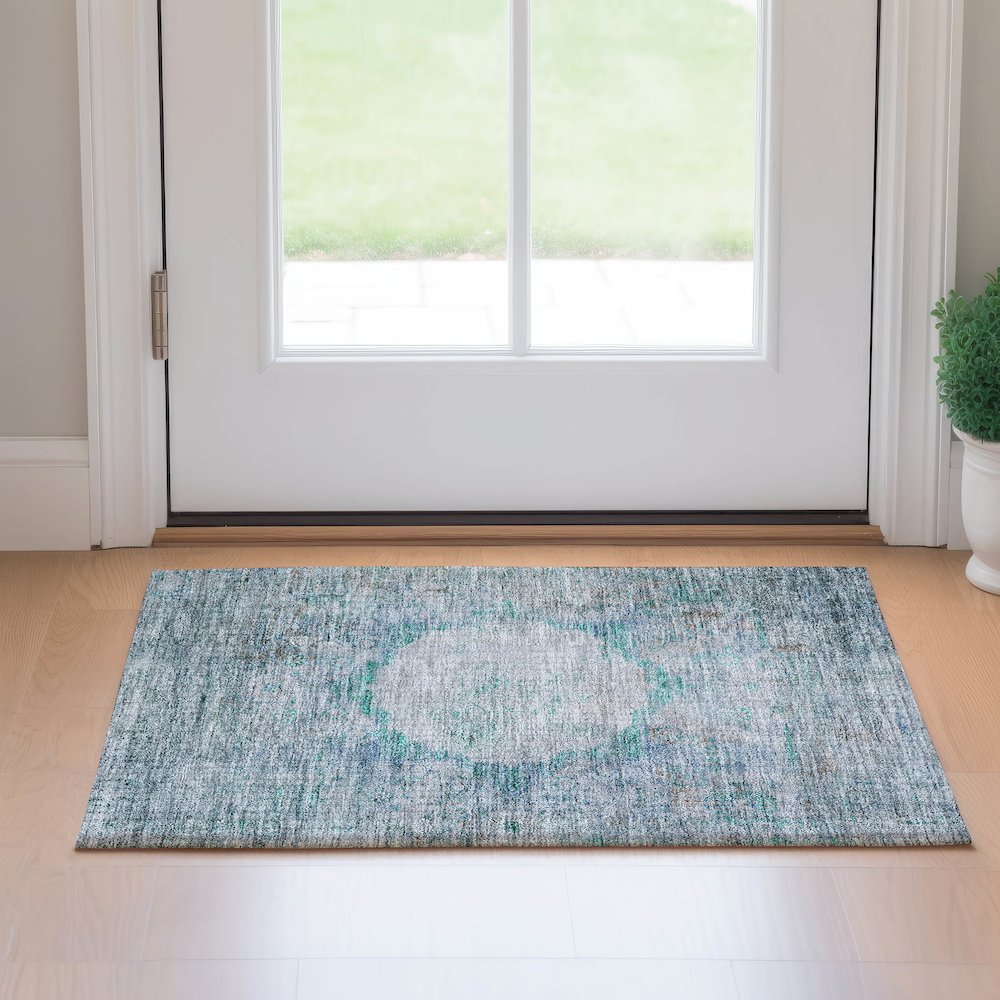 Premium Machine Washable Mayfield AMF675 Teal 1'8" x 2'6" Rug. Picture 5