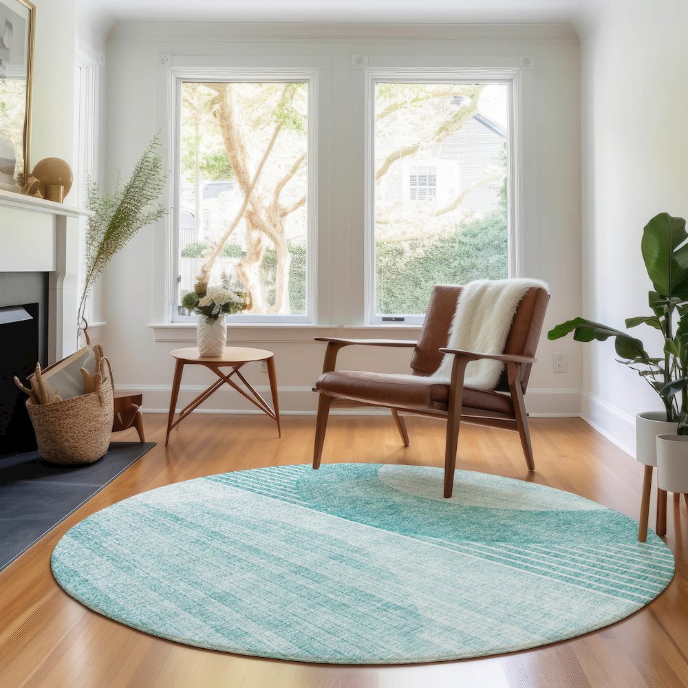 Premium Machine Washable Mayfield AMF676 Teal 8' x 8' Round Rug. Picture 5