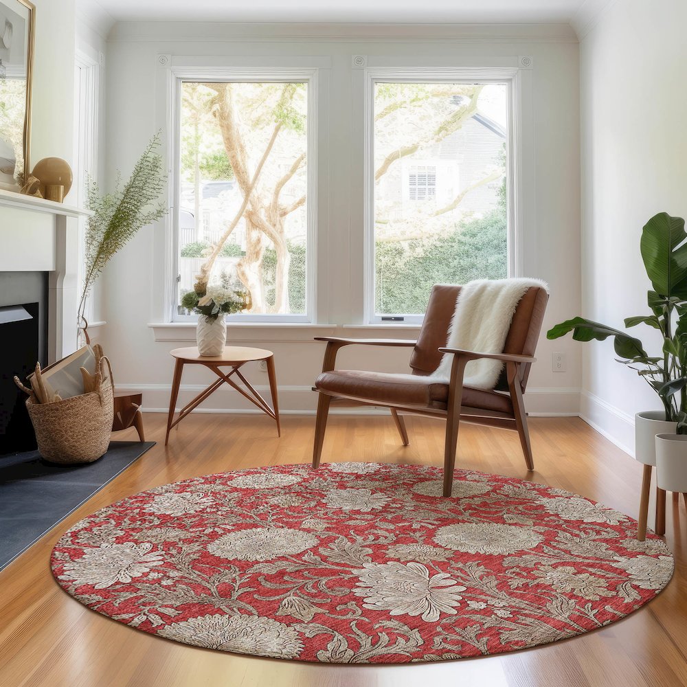 Premium Machine Washable Mayfield AMF677 Red 8' x 8' Round Rug. Picture 5