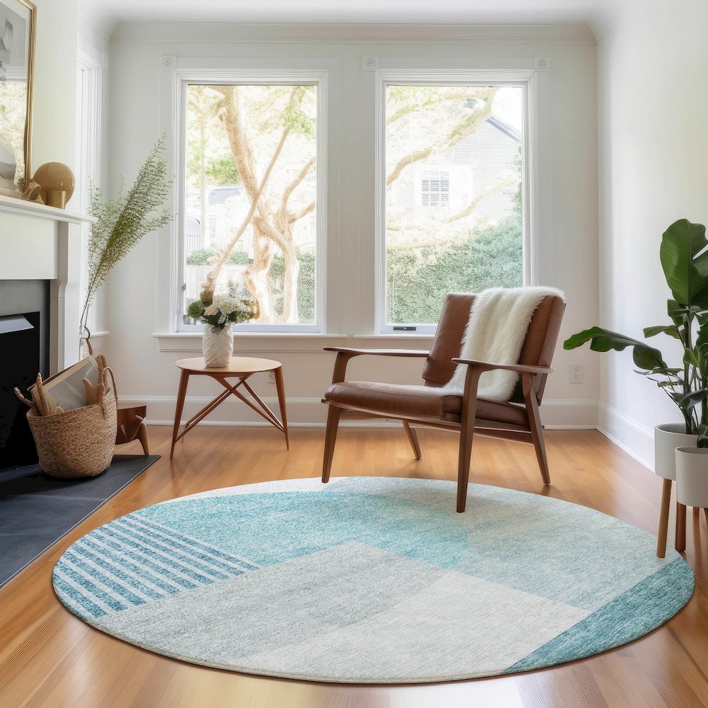 Premium Machine Washable Mayfield AMF678 Teal 8' x 8' Round Rug. Picture 5