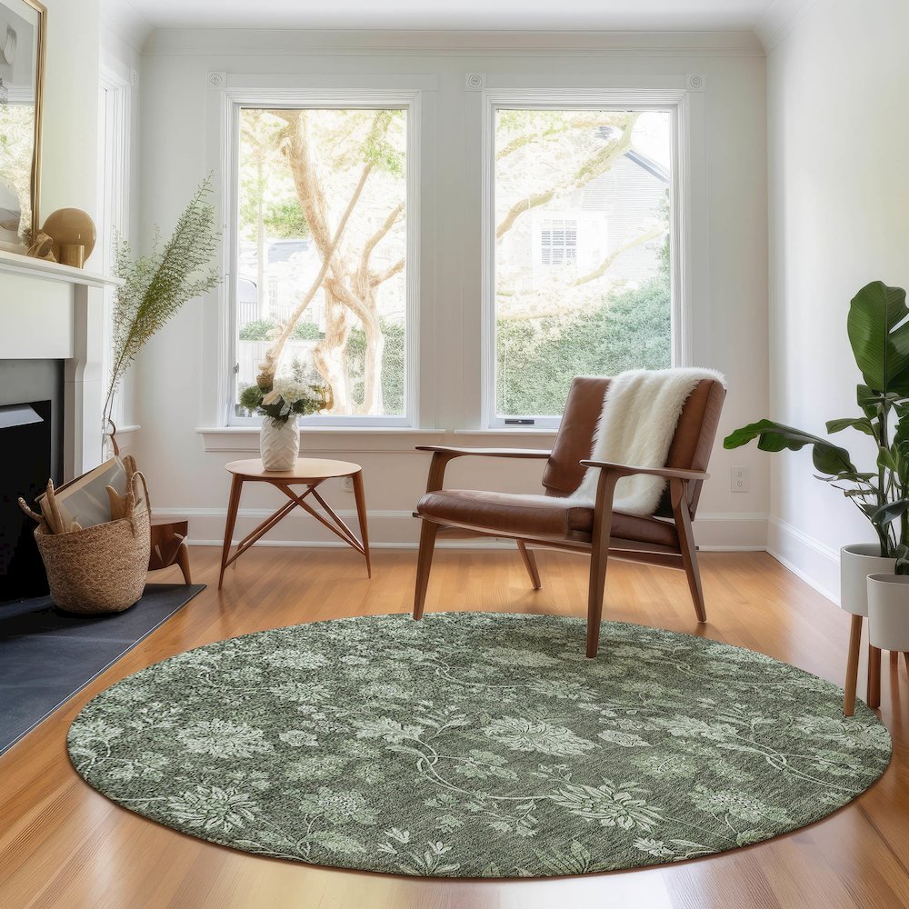 Premium Machine Washable Mayfield AMF680 Olive 8' x 8' Round Rug. Picture 5