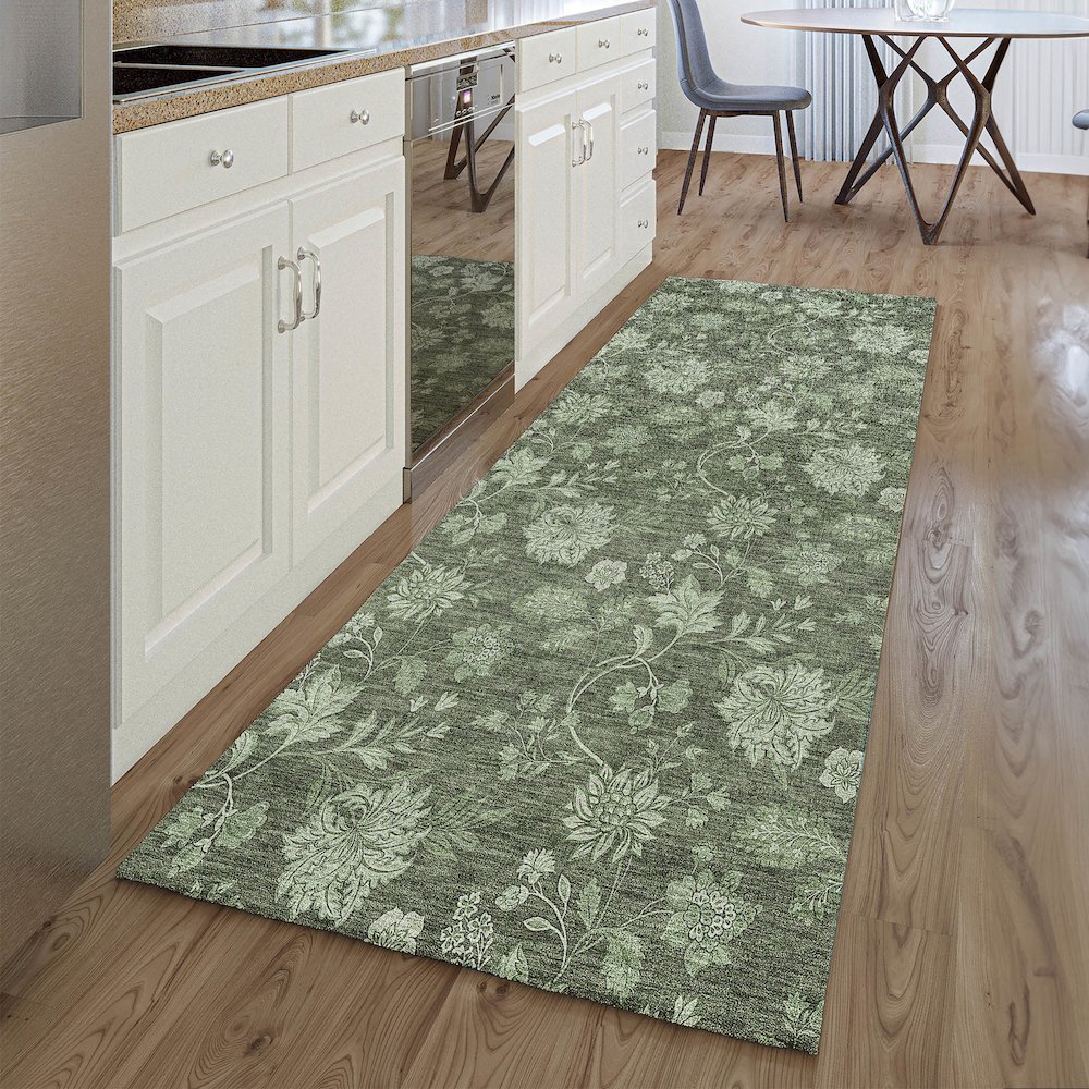 Premium Machine Washable Mayfield AMF680 Olive 2'3" x 7'6" Runner Rug. Picture 5