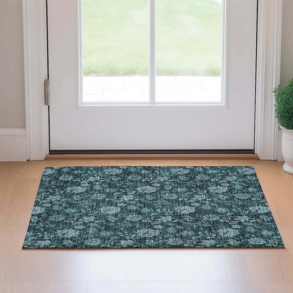 Premium Machine Washable Mayfield AMF680 Teal 1'8" x 2'6" Rug. Picture 5